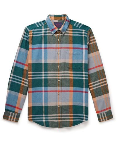 Portuguese Flannel Realm Button-down Collar Checked Cotton-flannel Shirt - Blue