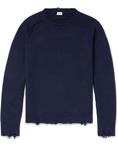 Saint Laurent Distressed Cotton Sweater - Blue