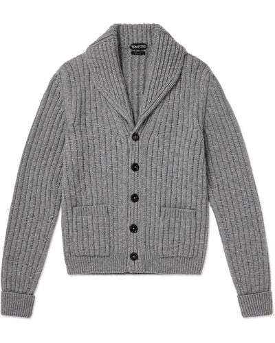 Tom Ford Shawl-collar Ribbed Wool And Cashmere-blend Cardigan - Gray