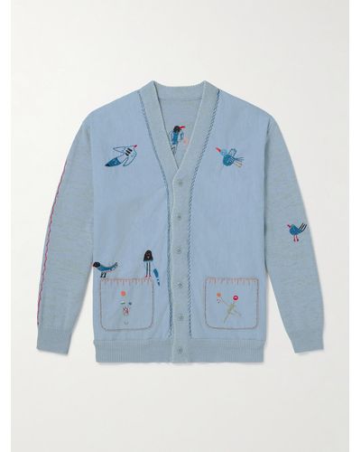 Kapital Magpie Embroidered Chambray-trimmed Cotton Cardigan - Blue