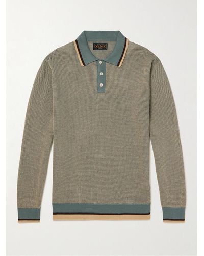 Beams Plus Pullover aus einer Ramie-Baumwollmischung in Wabenstrick mit Streifen und Polokragen - Grün