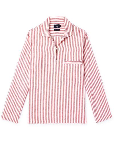 Drake's Striped Linen Half-placket Shirt - Pink