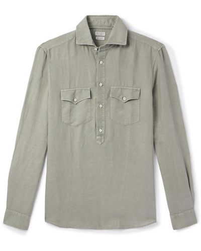 Brunello Cucinelli Cutaway-collar Linen And Cotton-blend Half-placket Shirt - Gray