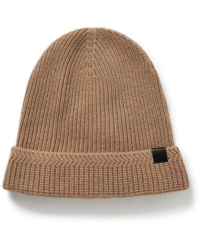 Tom Ford Leather-trimmed Ribbed Wool And Cashmere-blend Beanie - Natural
