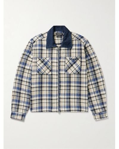 CHERRY LA Chambray-trimmed Logo-embroidered Checked Cotton-flannel Shirt Jacket - Blue