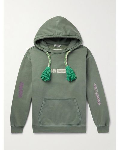 Adish Tasselled Garment-dyed Embroidered Cotton-jersey Hoodie - Green