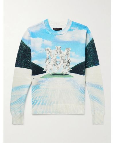 Amiri Printed Cotton And Cashmere-blend Sweater - Blue