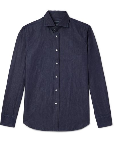 Thom Sweeney Cutaway-collar Cotton-chambray Shirt - Blue