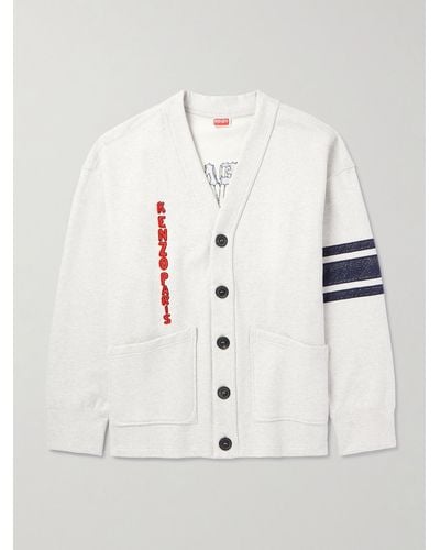 KENZO Embroidered Striped Cotton-blend Jersey Cardigan - White