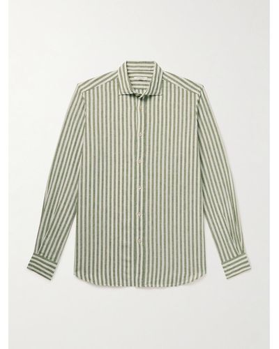 Boglioli Camicia in misto cotone e lino a righe con collo alla francese - Verde