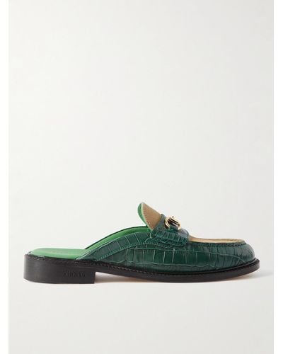 VINNY'S Suede-trimmed Croc-effect Leather Backless Loafers - Green