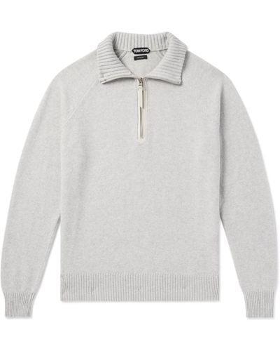 Tom Ford Slim-fit Leather-trimmed Wool And Cashmere-blend Half-zip Sweater - White