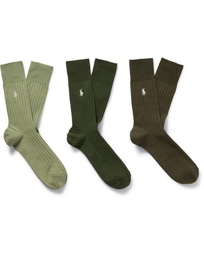 Polo Ralph Lauren Three-pack Logo-embroidered Ribbed Cotton-blend Socks - Green