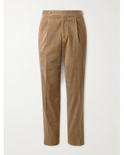 De Petrillo Slim-fit Pleated Cotton-blend Corduroy Trousers - Natural