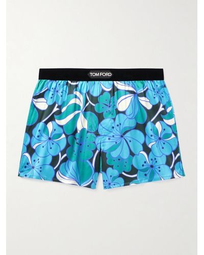 Tom Ford Floral-print Velvet-trimmed Stretch-silk Satin Boxer Shorts - Blue