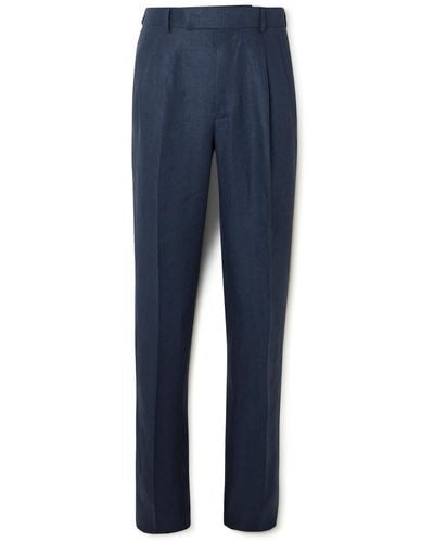 Kingsman Straight-leg Pleated Linen-twill Pants - Blue