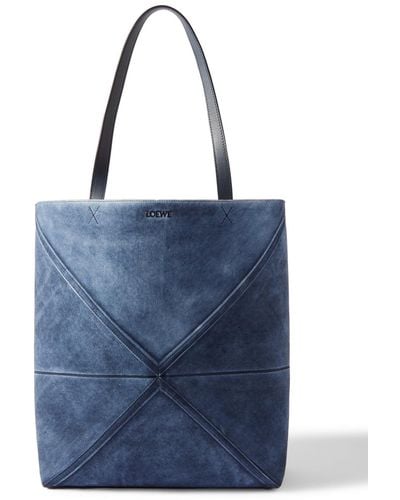 Loewe Puzzle Fold Leather-trimmed Suede Tote Bag - Blue