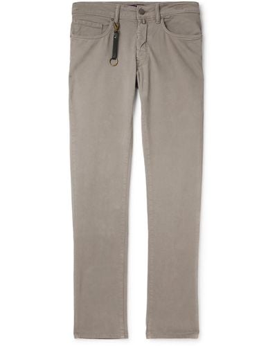 Incotex Leather-trimmed Straight-leg Jeans - Gray