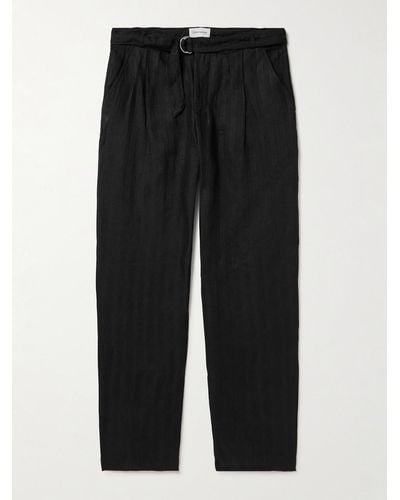 Oliver Spencer Straight-leg Belted Pleated Embroidered Linen Trousers - Black