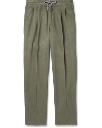 Brunello Cucinelli Straight-leg Pleated Cotton-corduroy Drawstring Pants - Green