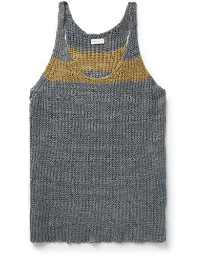 Dries Van Noten Striped Open-knit Linen-blend Tank Top - Gray