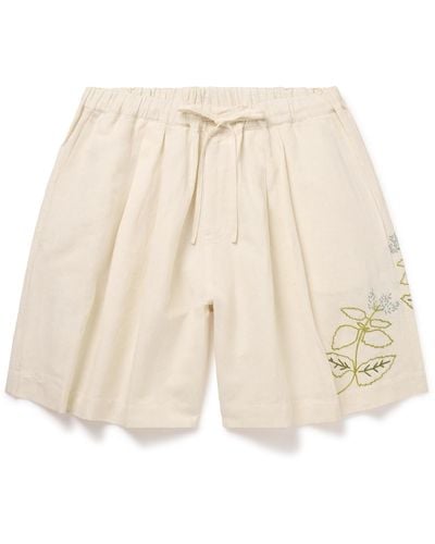 STORY mfg. Bridge Wide-leg Embroidered Cotton And Linen-blend Drawstring Shorts - Natural