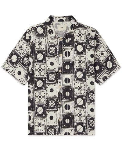 Folk Camp-collar Printed Linen Shirt - Gray