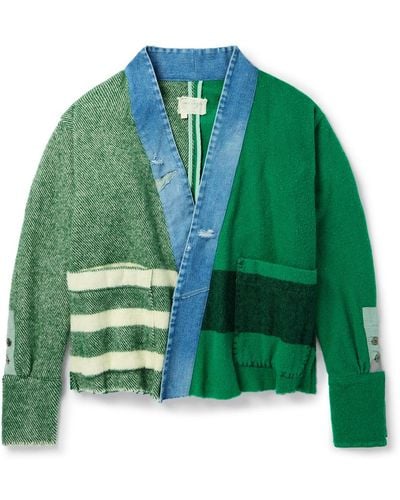 Greg Lauren Shawl-collar Denim-trimmed Wool-blend Flannel Cardigan - Green