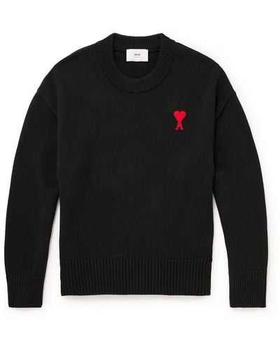 Ami Paris Adc Logo-embroidered Cotton And Merino Wool-blend Sweater - Black