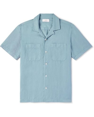 MR P. Michael Convertible-collar Garment-dyed Cotton And Linen-blend Twill Shirt - Blue