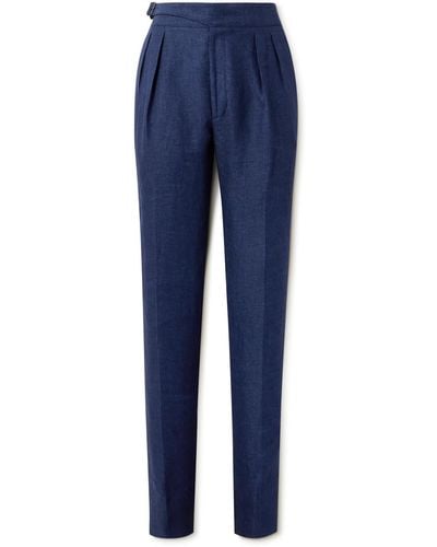 Ralph Lauren Purple Label Dobby Byron Straight-leg Pleated Linen Pants - Blue