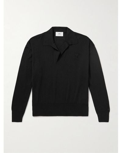 Ami Paris Logo-embroidered Merino Wool Polo Shirt - Black