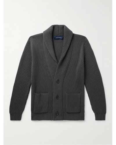 Thom Sweeney Cardigan aus Merinowolle in Rippstrick mit Schalkragen - Grau