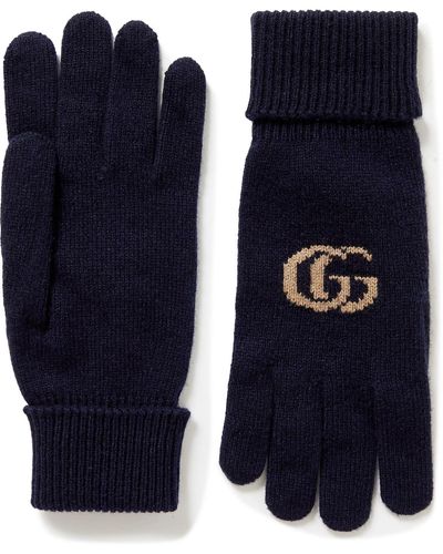 Gucci Logo-jacquard Cashmere And Wool-blend Gloves - Blue