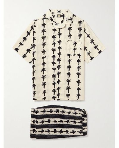 Desmond & Dempsey Camp-collar Printed Linen Pyjama Set - White