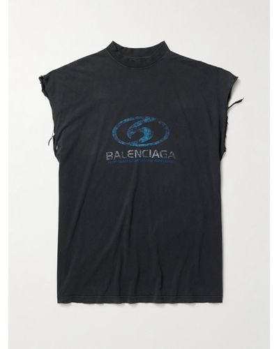 Balenciaga Surfer Distressed Logo-print Cotton-jersey Tank Top - Blue