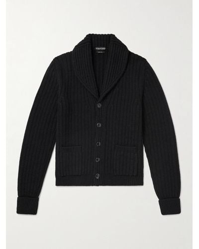 Tom Ford Shawl-collar Ribbed Wool And Cashmere-blend Cardigan - Blue