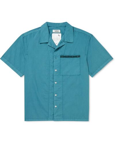 Adish Camp-collar Embroidered Garment-dyed Cotton-poplin Shirt - Blue