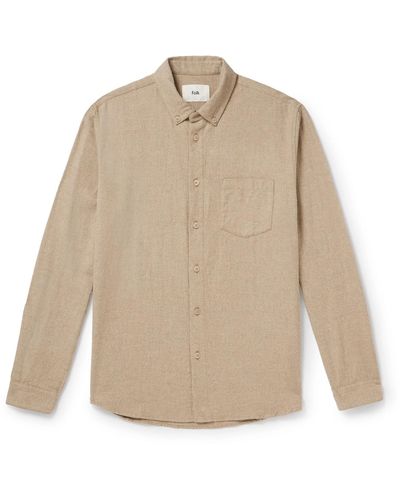 Folk Button-down Collar Cotton-flannel Shirt - Natural