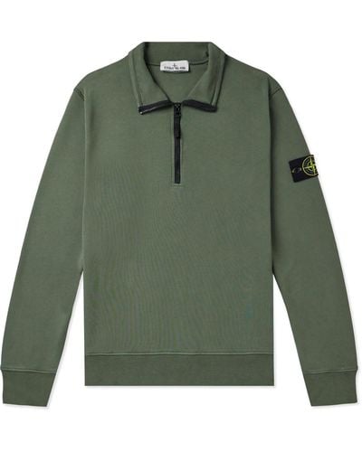 Stone Island Logo-appliquéd Garment-dyed Cotton-jersey Half-zip Sweatshirt - Green