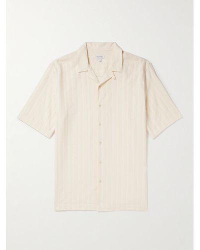 Sunspel Convertible-collar Embroidered Striped Cotton Shirt - Natural
