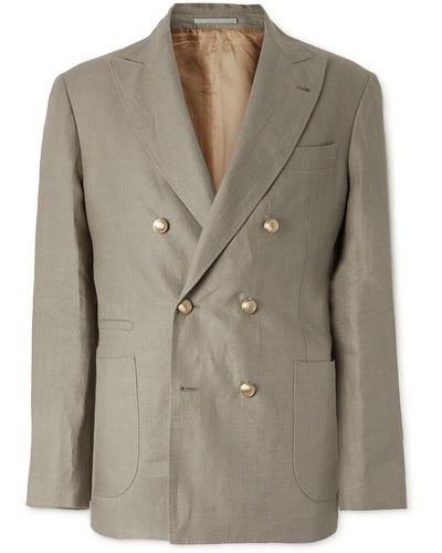 Brunello Cucinelli Double-breasted Herringbone Linen Suit Jacket - Green