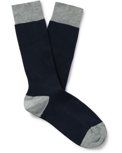 John Smedley Cortland Colour-block Ribbed Sea Island Cotton-blend Socks - Blue