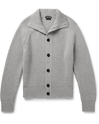 Tom Ford Ribbed Wool And Cashmere-blend Cardigan - Gray