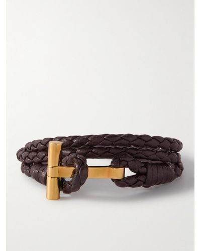 Tom Ford Bracciale multigiro in pelle intrecciata con finitura oro - Marrone