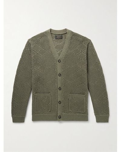 Beams Plus Cardigan aus einer Baumwoll-Leinenmischung in Lochstrick mit Argyle-Muster - Grün