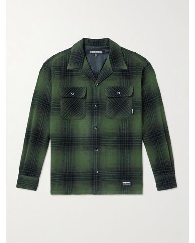Neighborhood Convertible-collar Checked Wool-blend Shirt - Green