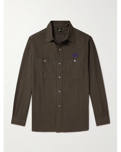 Needles Logo-embroidered Pinstriped Brushed Cotton-blend Twill Shirt - Green