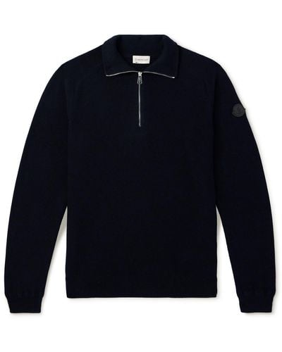 Moncler Logo-appliquéd Cotton And Cashmere-blend Half-zip Cardigan - Blue