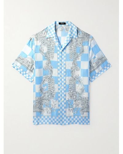 Versace Camp-collar Printed Checked Silk-twill Shirt - Blue